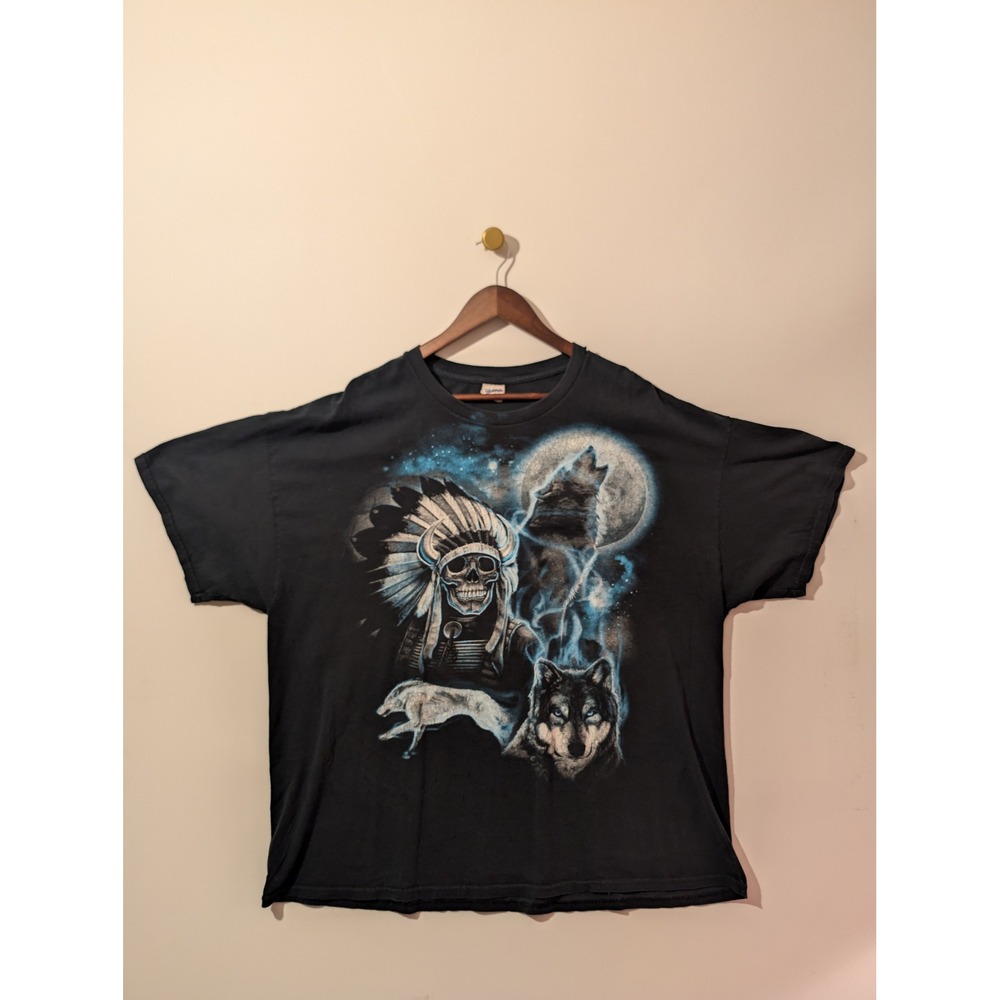 Gildan Graphic T Shirt Mens 3XL Black Good Skull Wolf Moon Biker Tee SEO